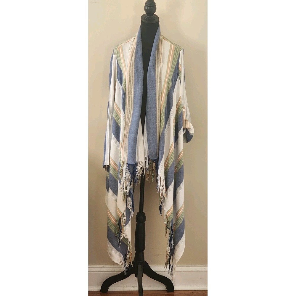 Women's Stripe Jacket by Altered State Roll Up Adjustable Sleeve and Fringe XL